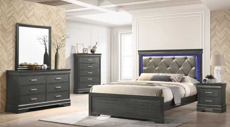 Including: Queen Bed, Dresser Mirror, Chest, and one Nightstand.